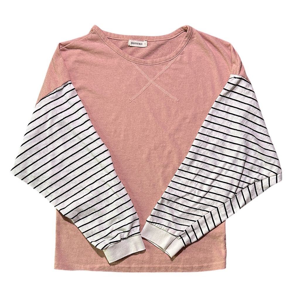 AndTheWhy Round Neck Colorblock Pink Long Sleeve T-Shirt Small